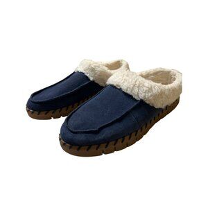 Muk Luks Navy Blue Suede Faux Fur Lined Slippers Clogs Hard Bottoms Size 10